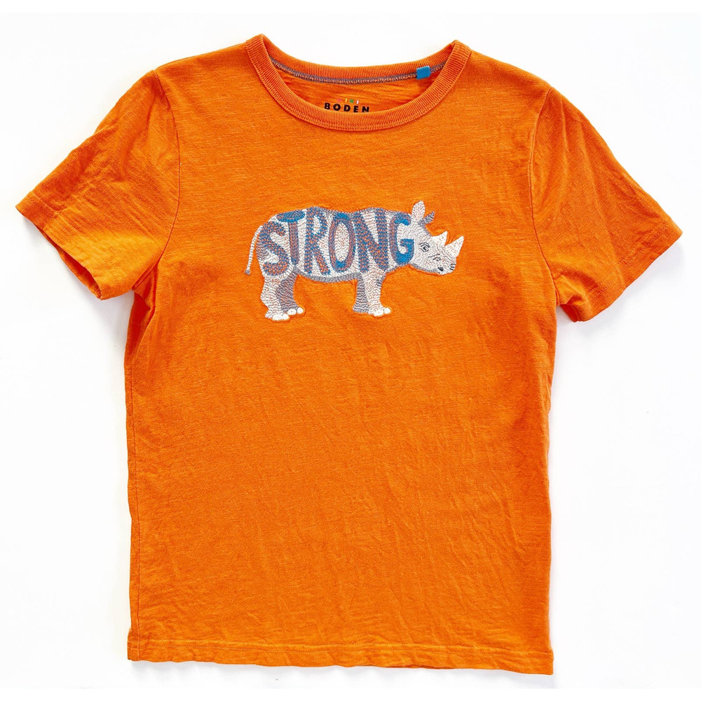 Mini Boden Super Stitch Short Sleeve Rhinoceros Top Size 8-9 Orange